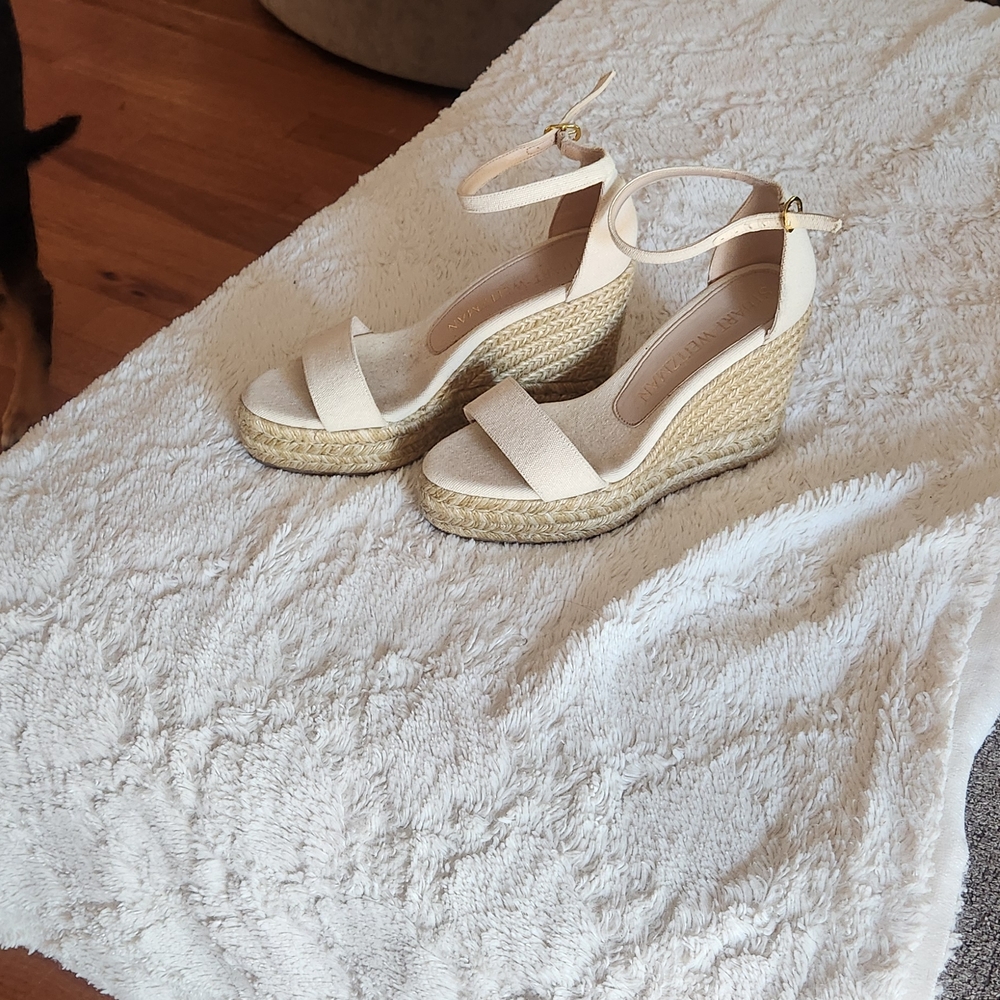 Stuart Weitzman Cream and Tan Wedge Sandals